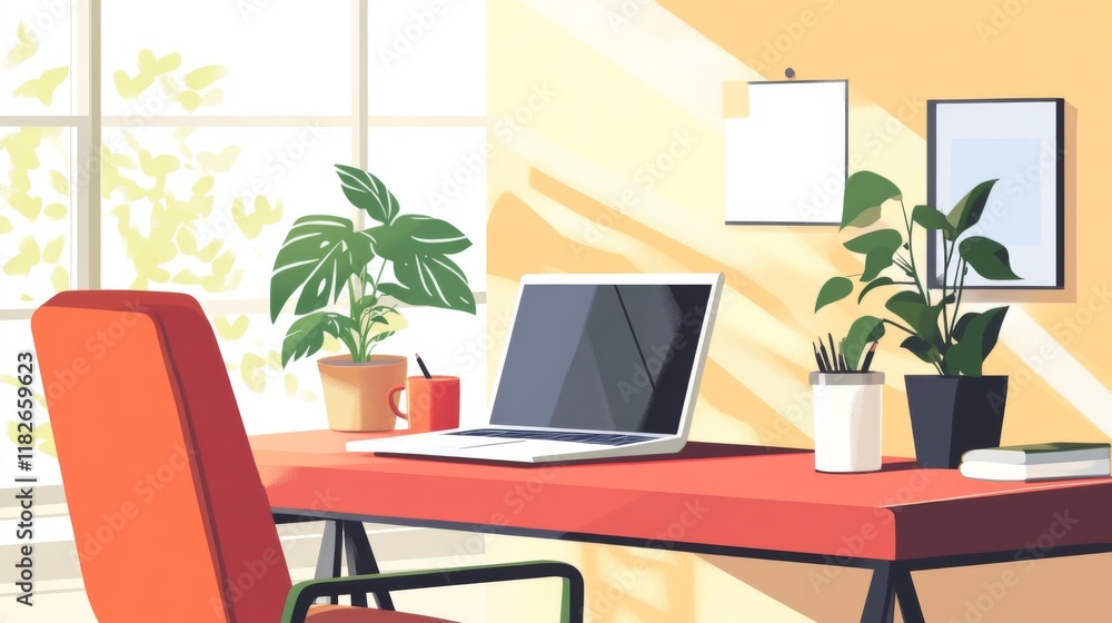 Fototapeta premium A bright illustration of a modern home office setup featuring a red desk and green plants, providing a sense of productivity, creativity, and comfort with style.