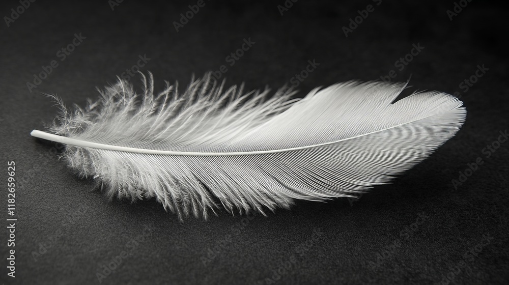 Obraz premium Delicate white feather on dark background highlighting soft texture