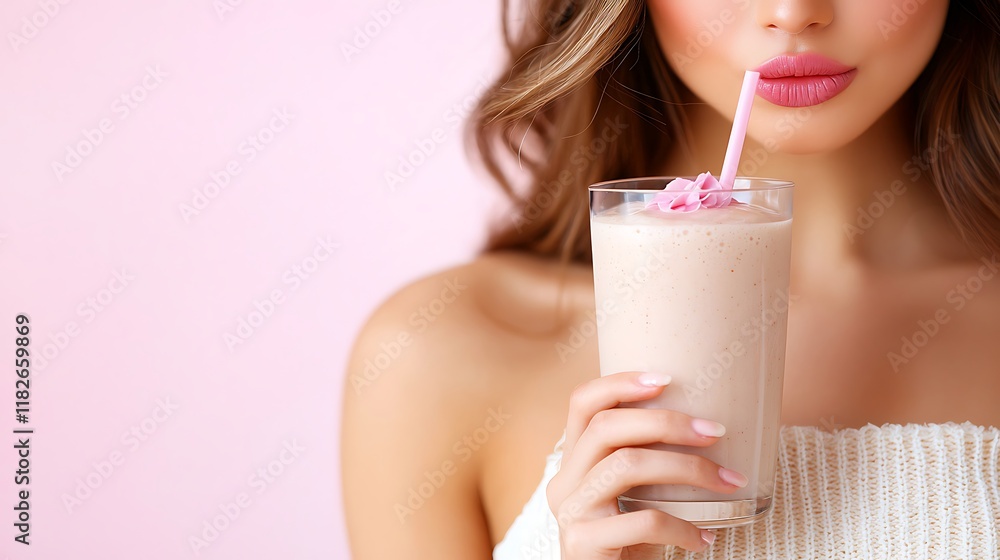 Close-up of a woman enjoying a creamy milkshake with a pink straw. Close-up of a woman enjoying a creamy milkshake with a pink straw.