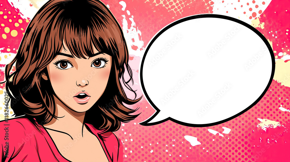 white blank speech or thought bubble next to girl on pink background white blank speech or thought bubble next to girl on pink background