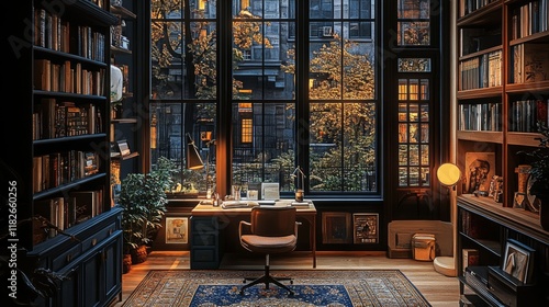 An elegant library with floor-to-ceiling bookshelves and a cozy reading nook by large windows with an atmospheric outdoor view, embodying sophistication and peace. photo