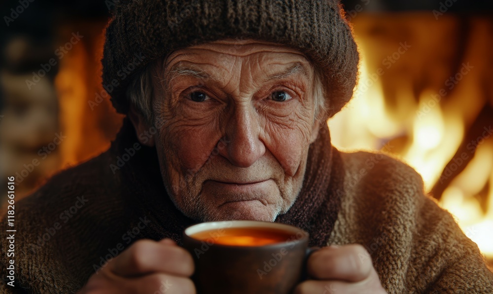 Elderly man with deep wrinkles and wise eyes, wearing a traditional wool hat, sitting by a crackling fireplace, holding a steaming cup of tea, . Elderly man with deep wrinkles and wise eyes, wearing a traditional wool hat, sitting by a crackling fireplace, holding a steaming cup of tea, .