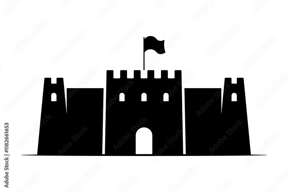 Obraz premium Castle with watchtowers and flag icon. Black silhouette. Front view. Vector simple flat graphic illustration. Isolated object on white background. Isolate.