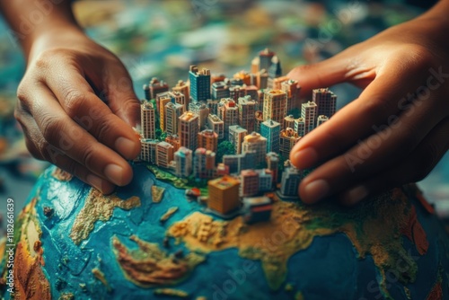 Hands placing miniature cityscape on globe to represent global urbanization concept