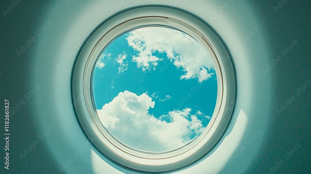 Close-up view of a circular airplane porthole showcasing a bright blue sky with fluffy clouds Close-up view of a circular airplane porthole showcasing a bright blue sky with fluffy clouds