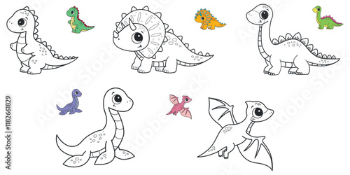 Set of coloring pages with dinosaurs. Vector illustration