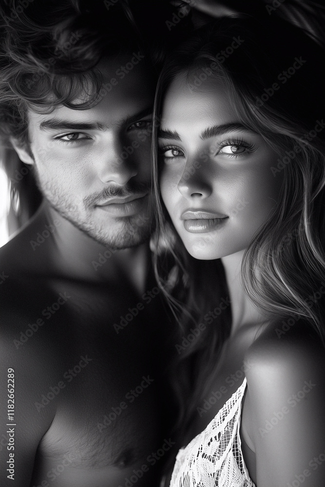 Black and white portrait of young woman and man hugging sitting under palm
Black and white portrait of young woman and man hugging sitting under palm