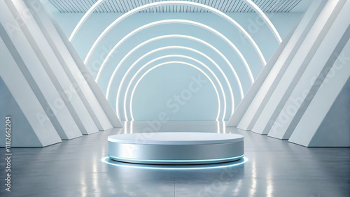 Clean and Minimalist Product Podium, Highlighted by Soft Glow in Futuristic Setting