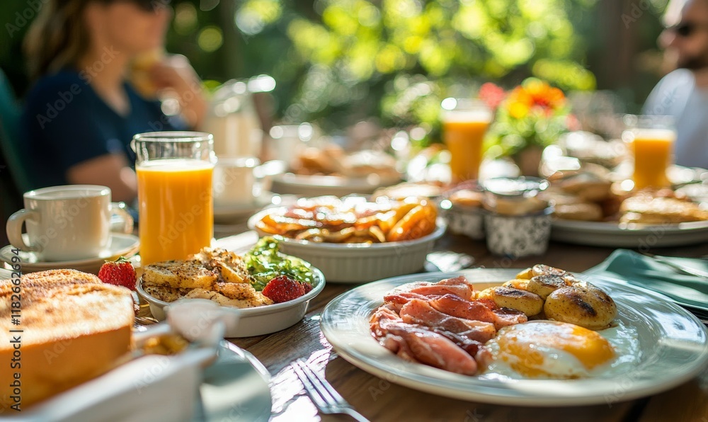 Family enjoying breakfast together in an outdoor setting with a mix of traditional breakfast foods. Family enjoying breakfast together in an outdoor setting with a mix of traditional breakfast foods.