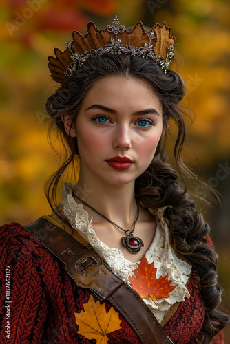 A woman wearing a crown and a necklace with a leaf on it photo