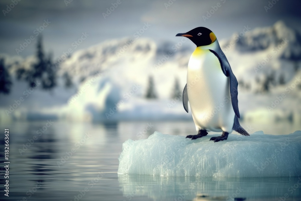 Naklejka premium Emperor penguin standing on an ice floe in a serene Antarctic landscape during twilight