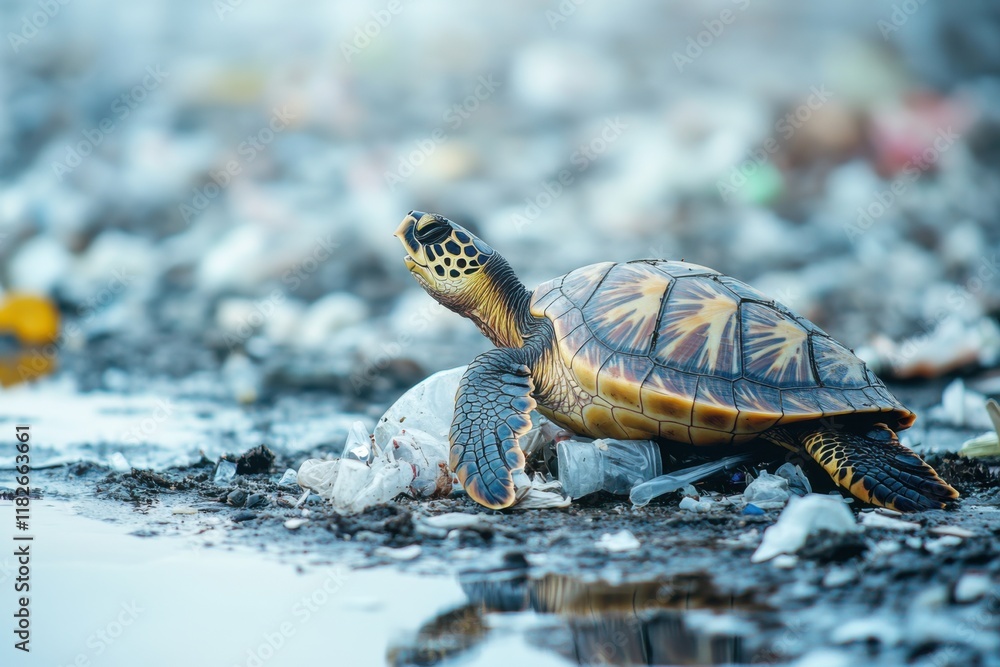 Fototapeta premium Turtle struggling through pollution in a dirty water environment near a beach