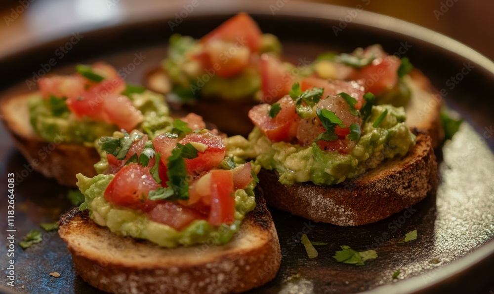 Fresh guacamole with tomato and cilantro served with crispy toast Fresh guacamole with tomato and cilantro served with crispy toast