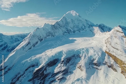 Snow-capped peaks rise majestically under a clear blue sky in a breathtaking alpine landscape captured at dawn