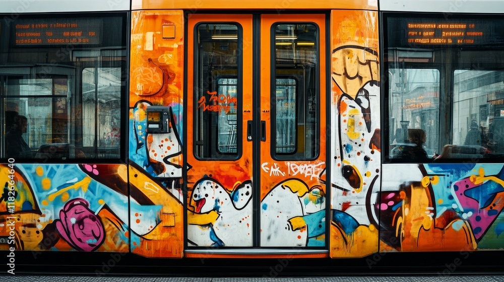 Fototapeta premium Close-up of a tram door featuring vibrant graffiti art and a minimalistic design in urban surroundings