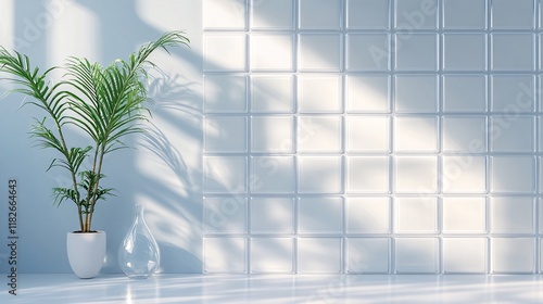 Modern Ceramic Tile Wall with Glass Blocks and Decorative Elements in a Modern Minimalistic Setting