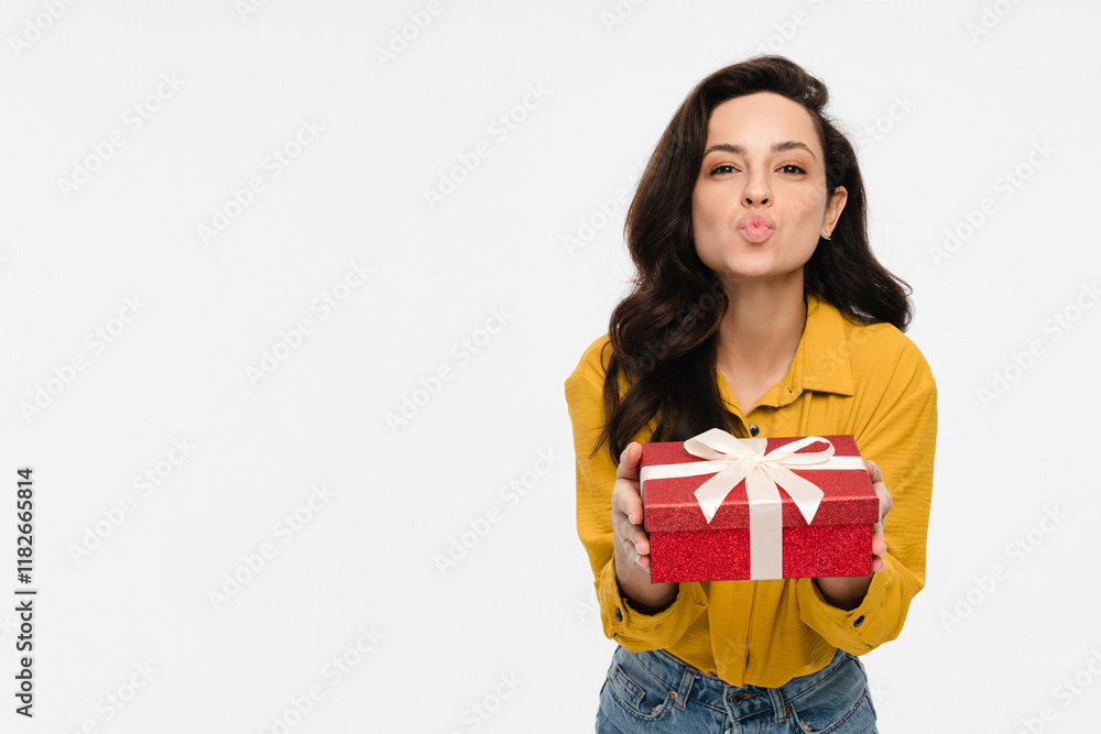 Fototapeta premium Portrait of a happy pretty latin hispanic woman holding giving red present box gift with white ribbon bow sending blowing kiss standing looking at camera isolated over white background