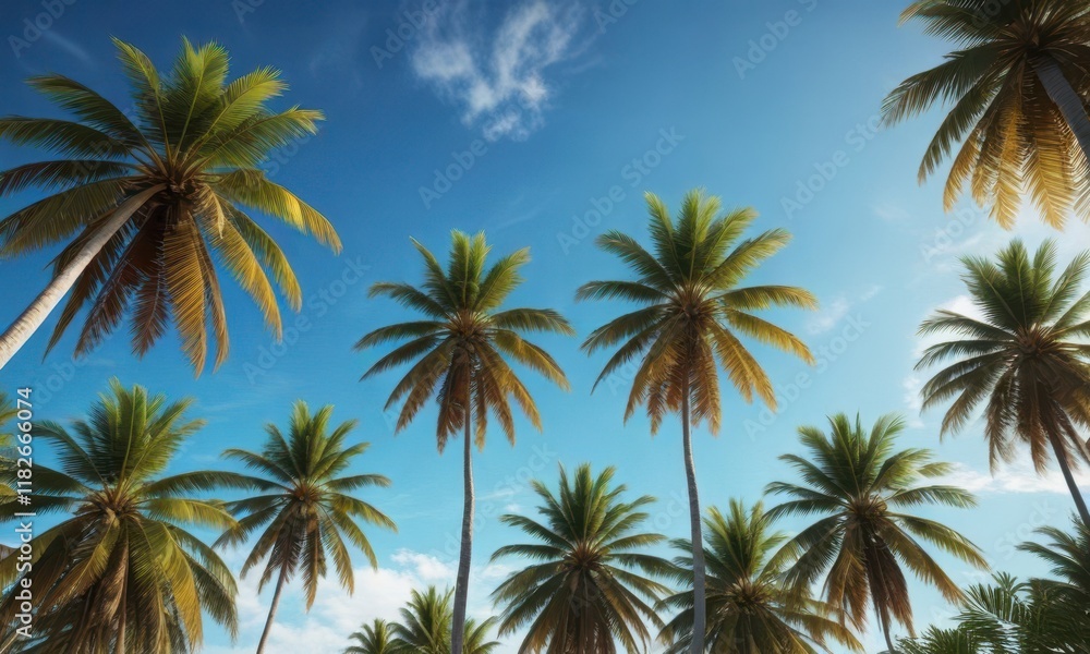 Sun-drenched coconut palms against vibrant blue sky, background, tropical landscape Sun-drenched coconut palms against vibrant blue sky, background, tropical landscape