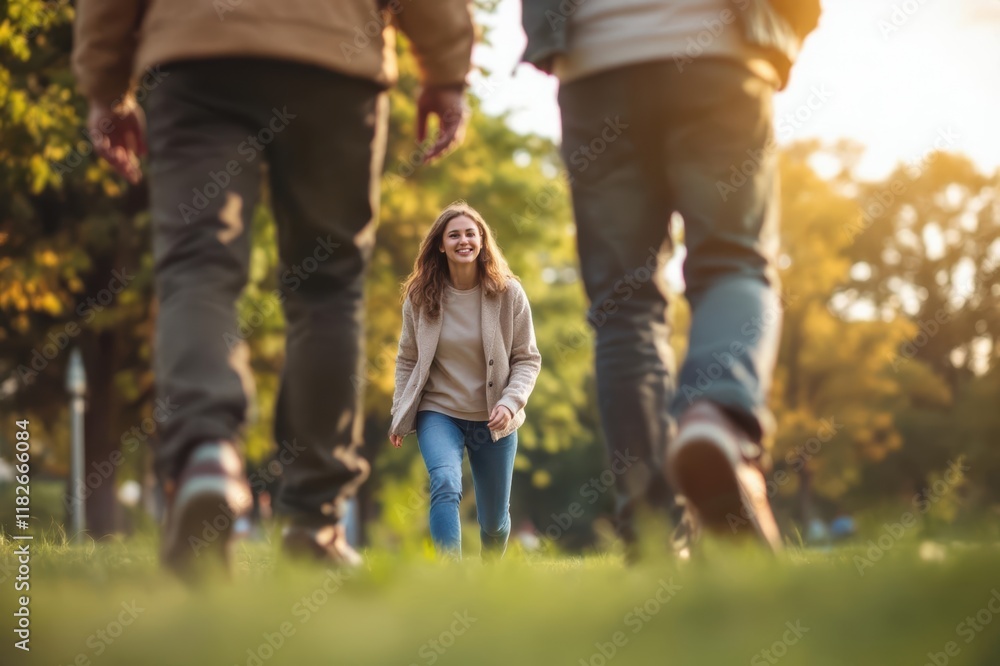 Low section of male and female friends walking in park Low section of male and female friends walking in park