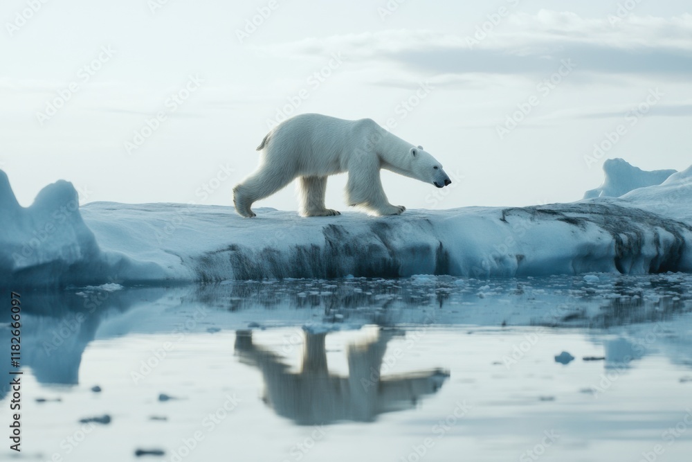Fototapeta premium Polar bear walking on ice in a serene Arctic landscape during daylight hours
