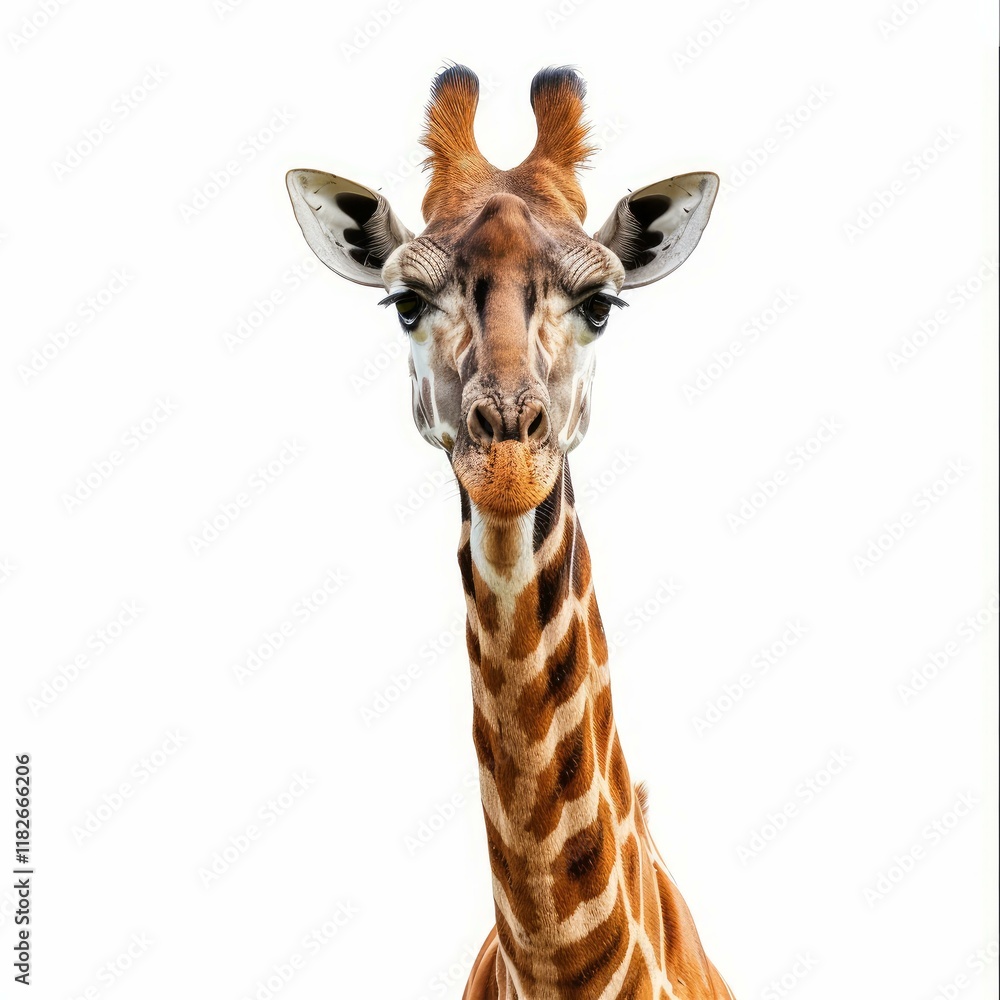 Naklejka premium Majestic giraffe is posing with a neutral expression in front of a white background
