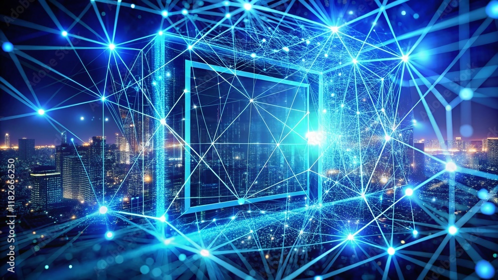 Abstract Blue Blockchain Network: Glowing Plexus Lines & Dots, Big Data, 3D Digital Background Abstract Blue Blockchain Network: Glowing Plexus Lines & Dots, Big Data, 3D Digital Background
