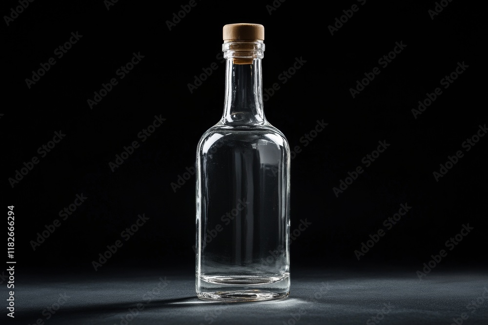 A sleek and sophisticated bottle of premium vodka stands against a deep black backdrop. The minimalist design emphasizes purity and elegance, showcasing the clear liquid inside A sleek and sophisticated bottle of premium vodka stands against a deep black backdrop. The minimalist design emphasizes purity and elegance, showcasing the clear liquid inside