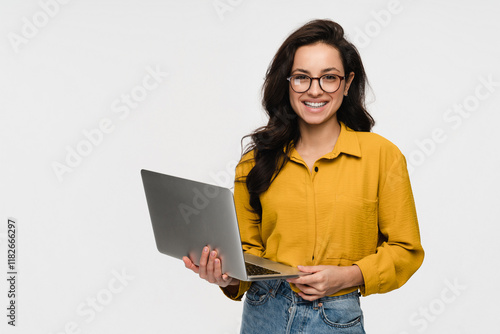 Young successful employee IT business woman corporate manager student freelancer wearing glasses work in office remotely hold use laptop pc computer isolated on white background studio