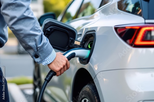 Close-up of businessman charging electric car at charging station