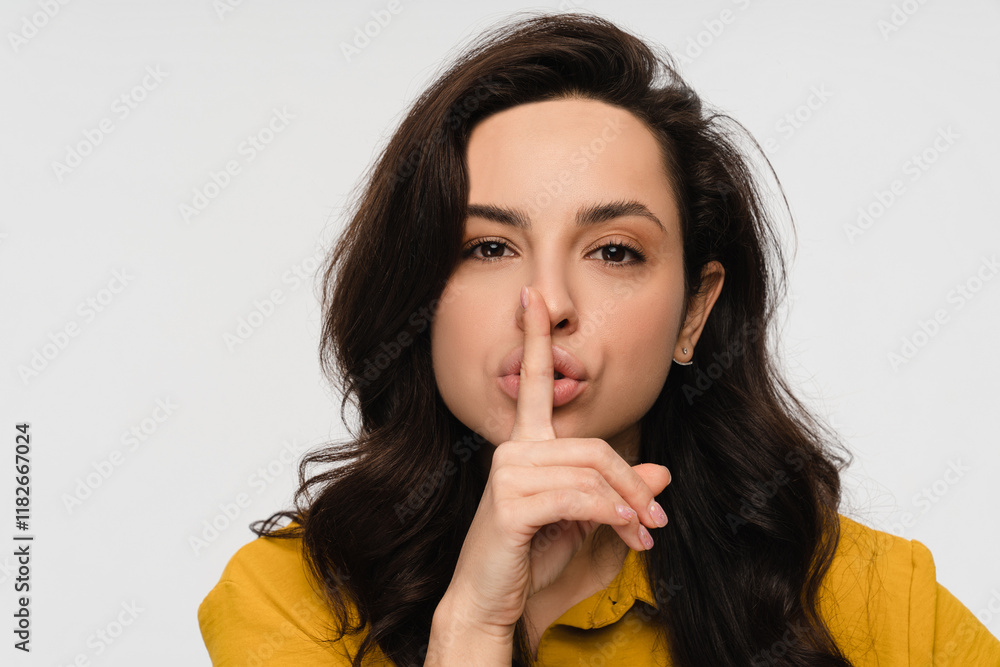 Smiling positive business woman girl student holding finger on lips mouth keep it quiet secret information showing hush shh shush gesture isolated on white studio background Smiling positive business woman girl student holding finger on lips mouth keep it quiet secret information showing hush shh shush gesture isolated on white studio background