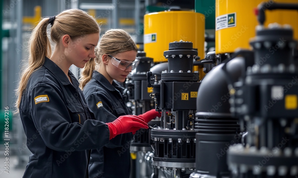 Technicians inspect industrial machinery Technicians inspect industrial machinery