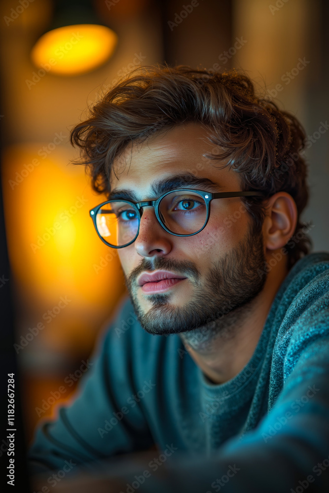 A man with glasses looking at a laptop computer A man with glasses looking at a laptop computer