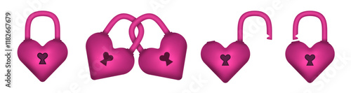 3d pink heart shape lock set, love heart padlock collection, love concept vector illustration. Valentines day romantic hearts design to use for romantic valentines day, wedding card project.