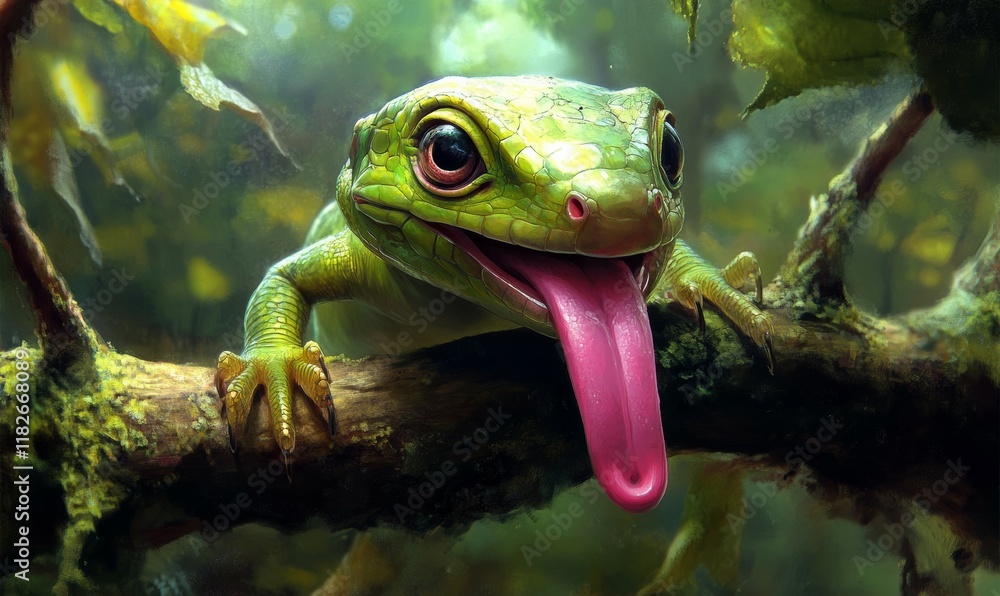 Green lizard with a pink tongue is on a branch. The lizard is looking at the camera Green lizard with a pink tongue is on a branch. The lizard is looking at the camera