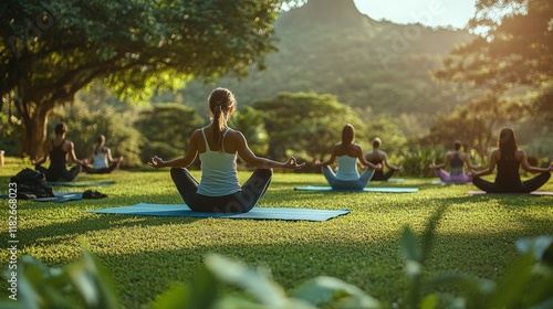 A group of individuals participating in an outdoor yoga session, performing poses on yoga mats in a lush, green park with a scenic background