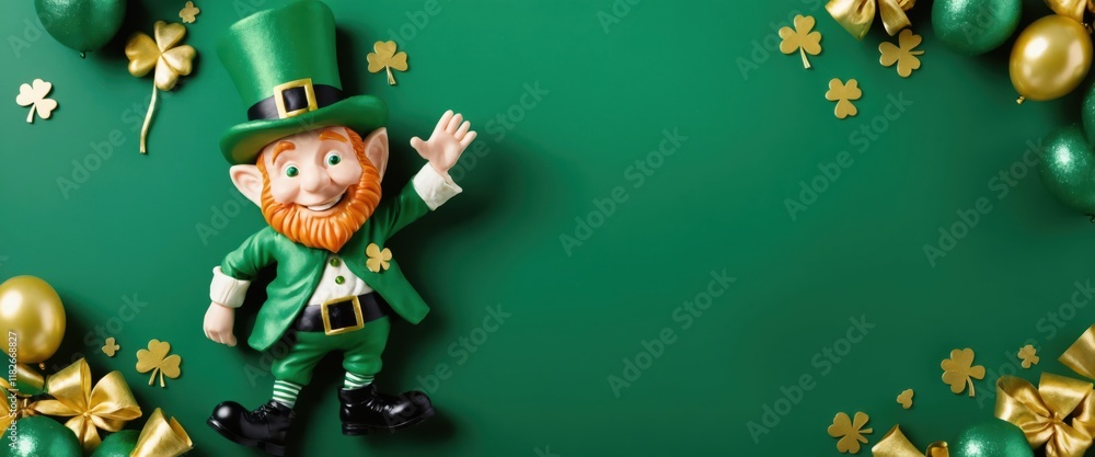 Fototapeta premium A vibrant leprechaun figure surrounded by shamrock and festive decorations, perfect for St. Patrick's Day themes.