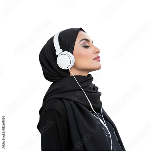 woman with hijab listening to music on headphones isolated