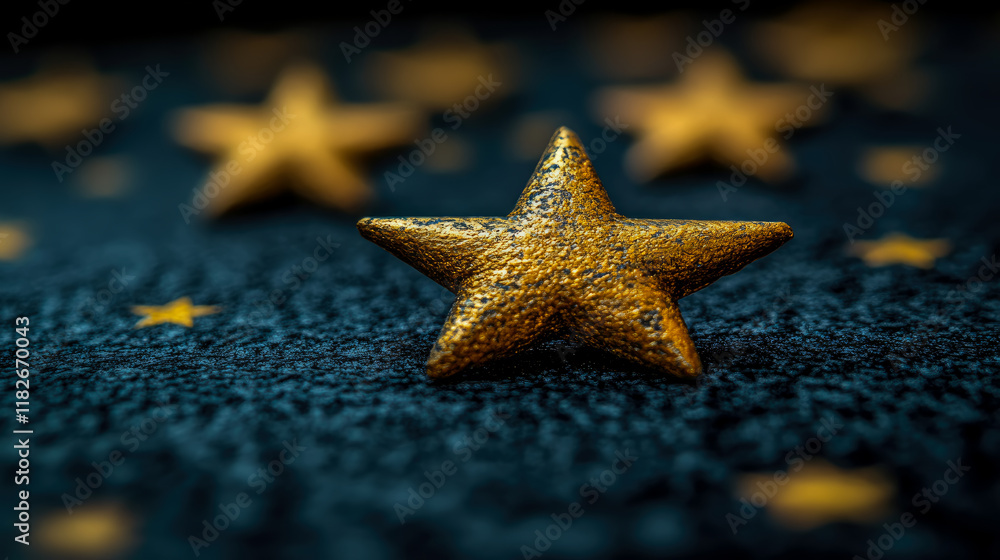 Golden Star on a Dark Textured Surface: Festive Decoration and Night Sky Theme Golden Star on a Dark Textured Surface: Festive Decoration and Night Sky Theme