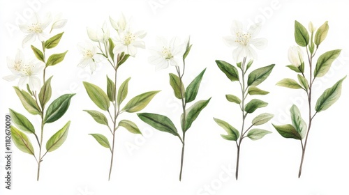 Fototapeta Naklejka Na Ścianę i Meble -  Delicate White Flowers and Lush Green Leaves Watercolor Painting