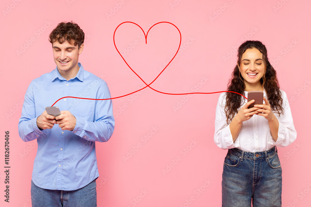 © Home-stock - Positive European lady and guy chatting online via phones connected with drawn heart shape string, typing love messages to each other © Home-stock - Positive European lady and guy chatting online via phones connected with drawn heart shape string, typing love messages to each other