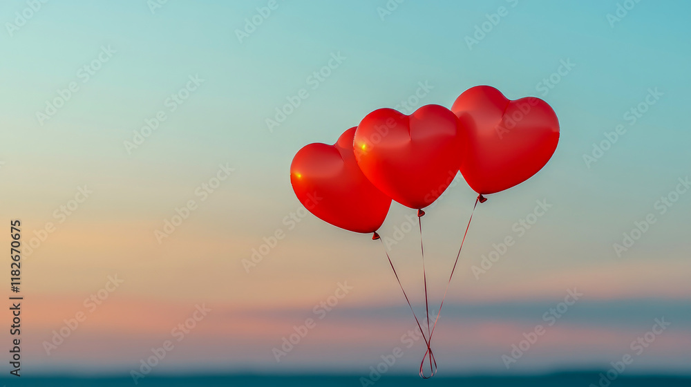 Three Red Heart-Shaped Balloons Ascending at Sunset Three Red Heart-Shaped Balloons Ascending at Sunset