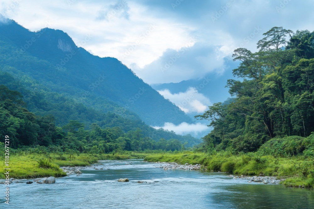 Serene river flows through lush green valley surrounded by majestic mountains during cloudy day Serene river flows through lush green valley surrounded by majestic mountains during cloudy day