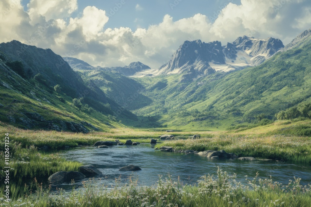 Majestic mountain landscape with flowing river and lush greenery under a clear sky Majestic mountain landscape with flowing river and lush greenery under a clear sky