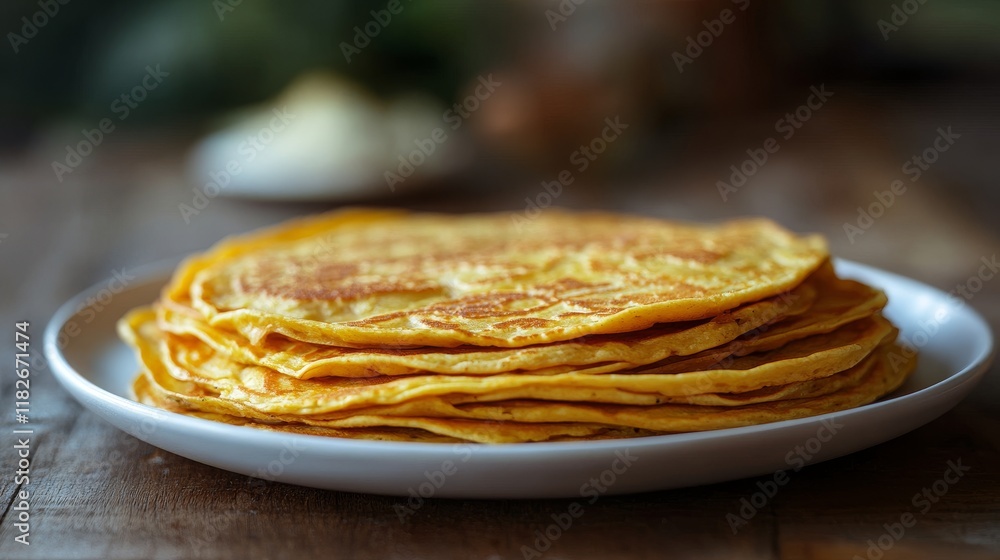 A minimalistic stock photo of a stack of golden homemade pancakes on a white plate, set on a wooden table