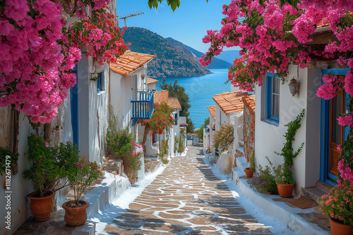 Photo réaliste d’un village côtier grec ensoleillé, avec des ruelles pavées de pierre, des maisons blanches, et des bougainvilliers colorés