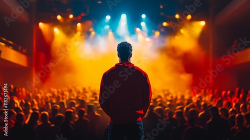 An MC standing confidently on stage, announcing the winners of a sports competition, with a large crowd in the background and dynamic lights emphasizing the excitement of the moment. photo