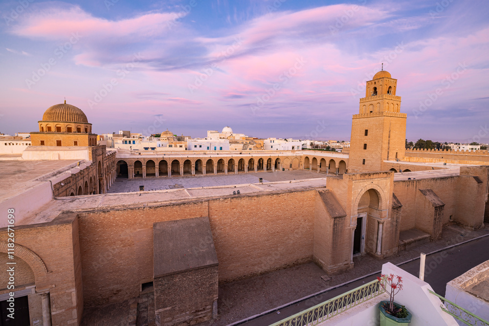 Fototapeta premium Kairouan, Tunisia. Evening view of the Great Mosque of Kairouan.