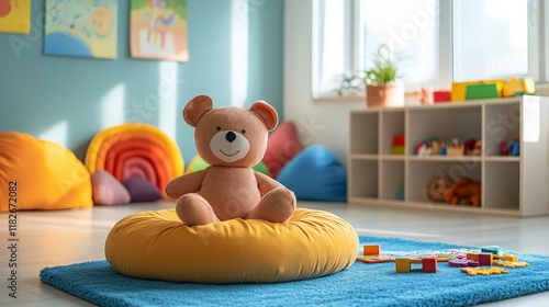 A child therapy room with a collection of soft, cuddly toys, calming lighting, and sensory materials like textured balls and fabric, designed for therapeutic play photo