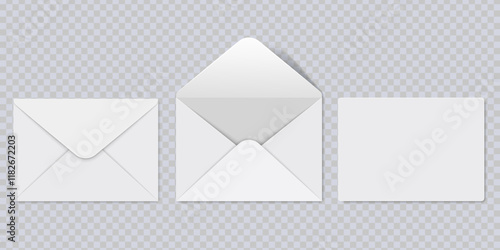 Set of white envelopes. Blank open and closed envelopes mockup. Empty template for branding identity design, mail presentation, for office messages or documents sending. Realistic vector illustration
