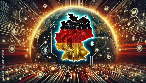 high-tech digital globe with the germany map, advanced technology and global network connections data transfer information exchange and telecommunication smart mapping.
